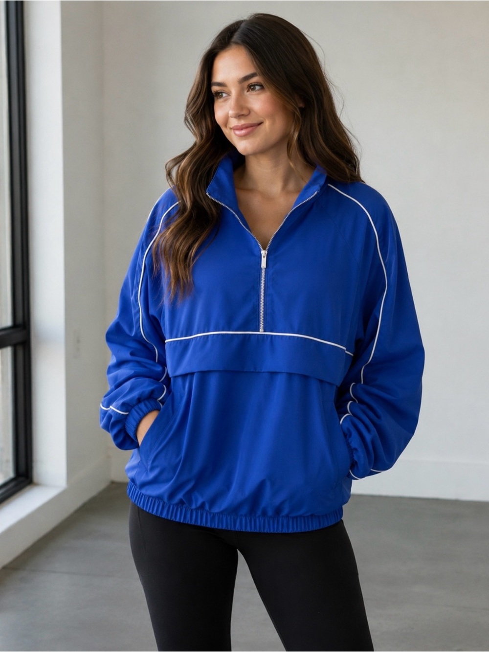 Fisoew Bright Royal Blue Half-Zip Pullover with White Piping